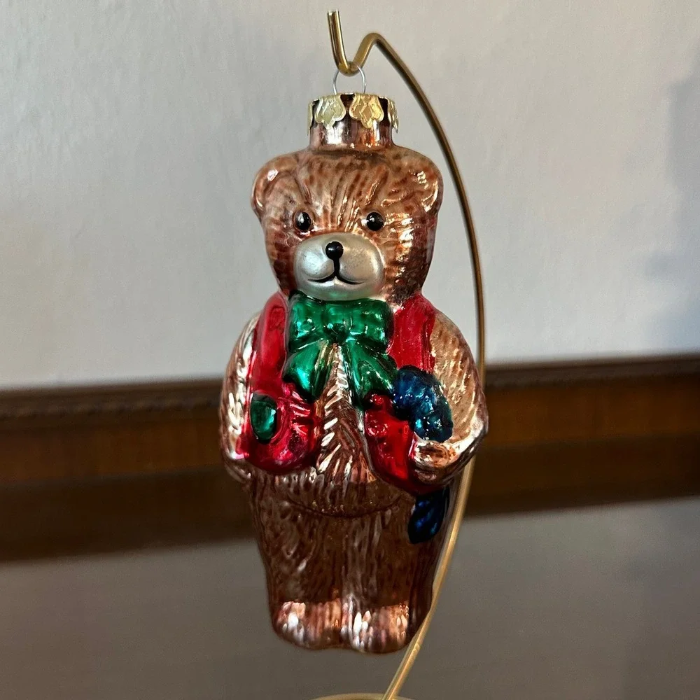 Vintage Glass Teddy Bear Christmas Ornament Red Vest Green Bow Taiwan 6''